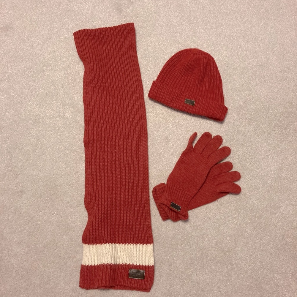 Coach scarf, hat, gloves with brown leather tags